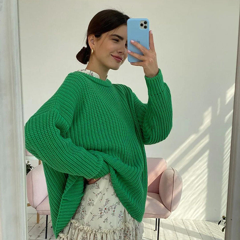 GR – Fashionable solid-color knit sweater with round neck