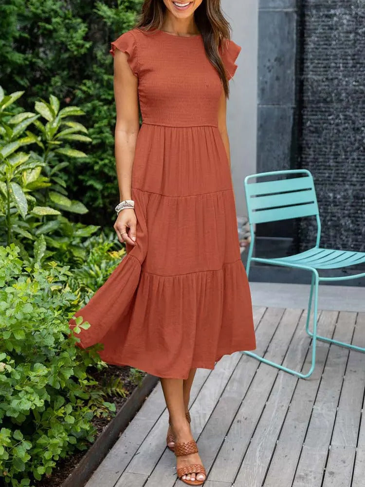 GR | Elegant pleated layered dress with short sleeves