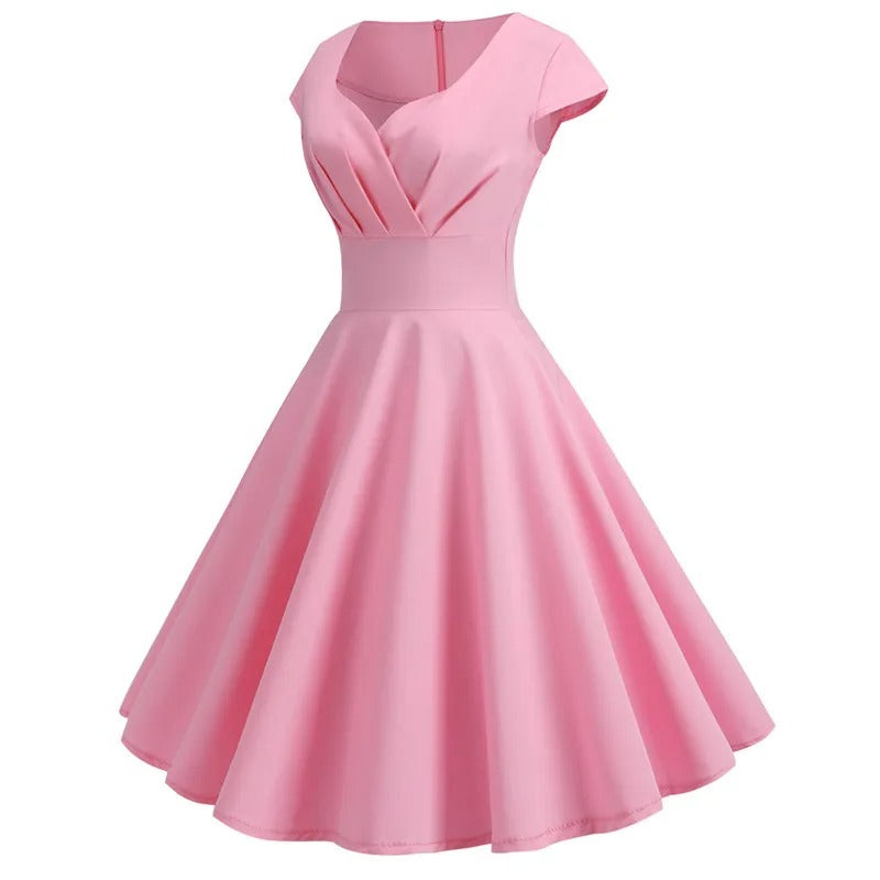GR | Vintage Sommerkleid mit großem V-Ausschnitt, lockerer Passform und Rüschen