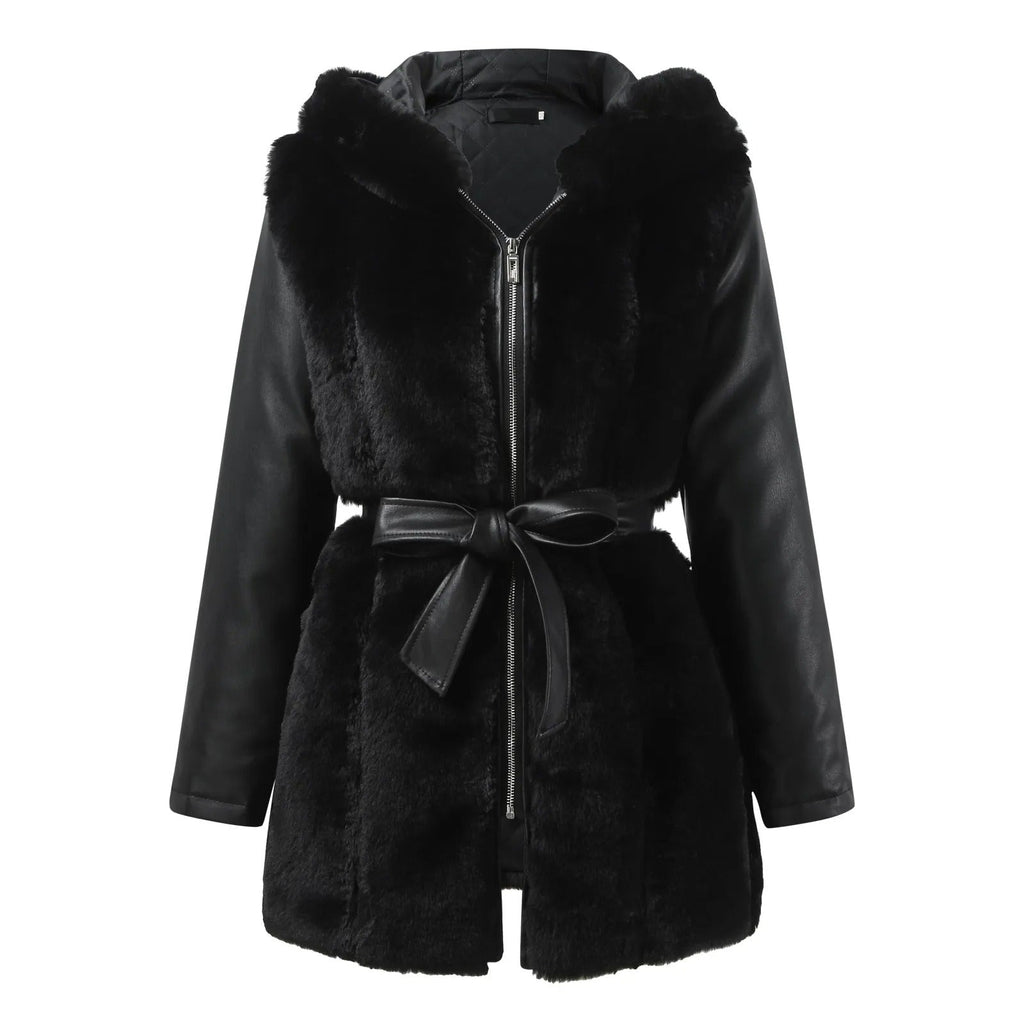 GR | Stylish vegan leather jacket with faux fur collar for women