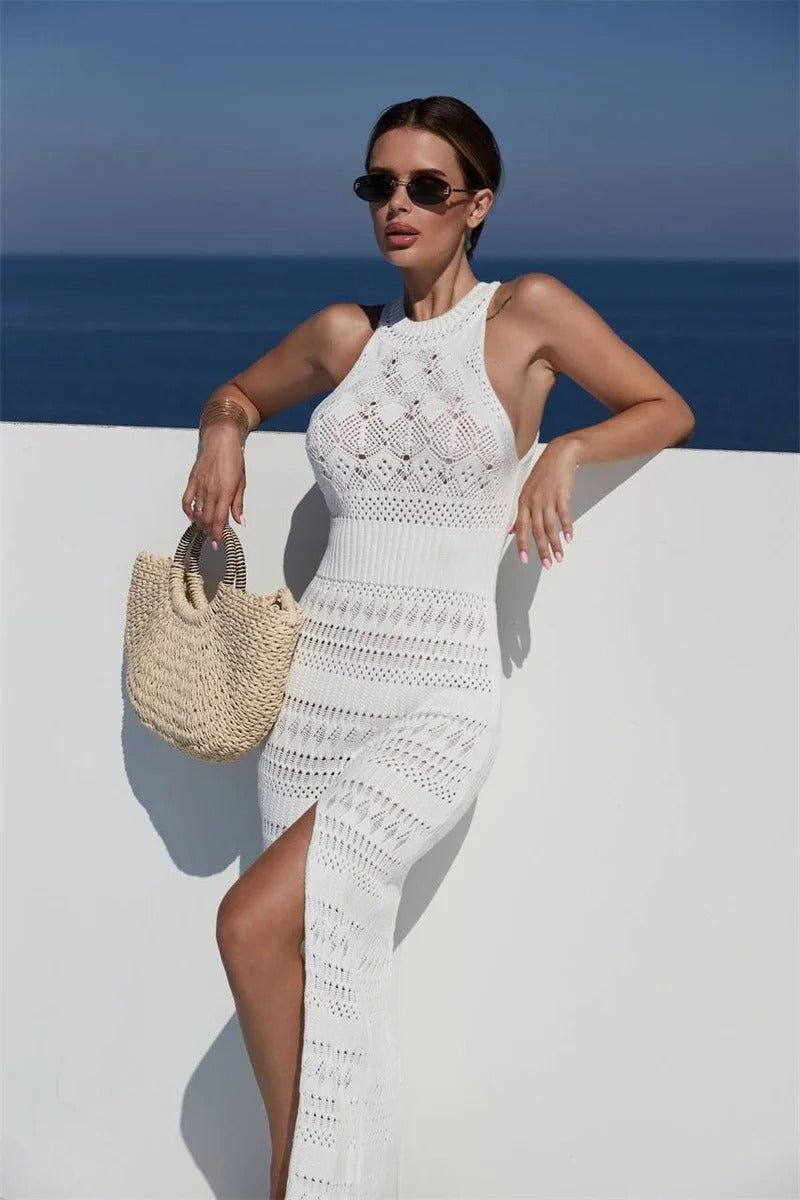 GR | ärmelloses langes Strickkleid mit hohem Schlitz