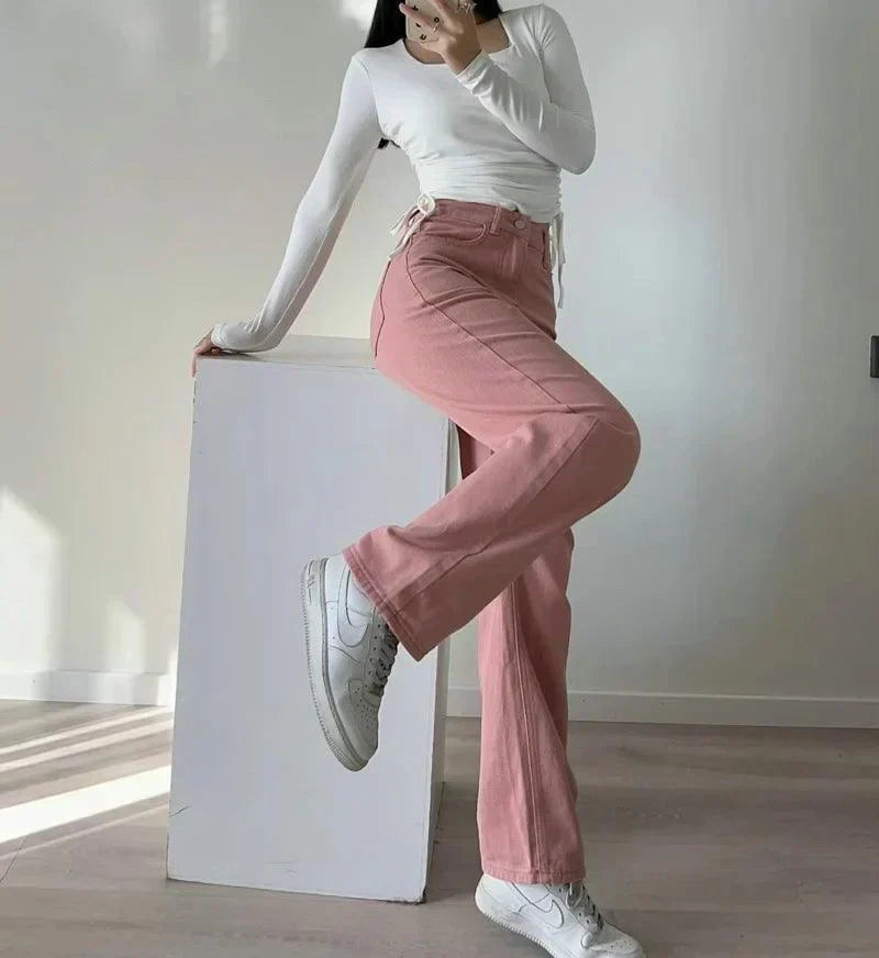 GR | Waist-Pink Straight Jeans for Women