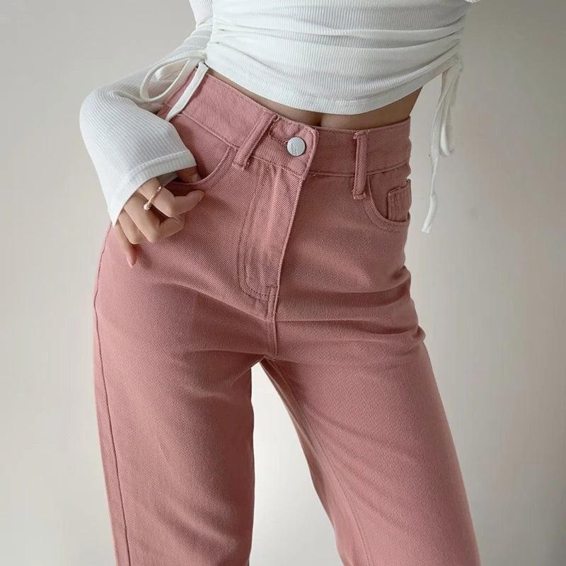 GR | Waist-Pink Straight Jeans for Women