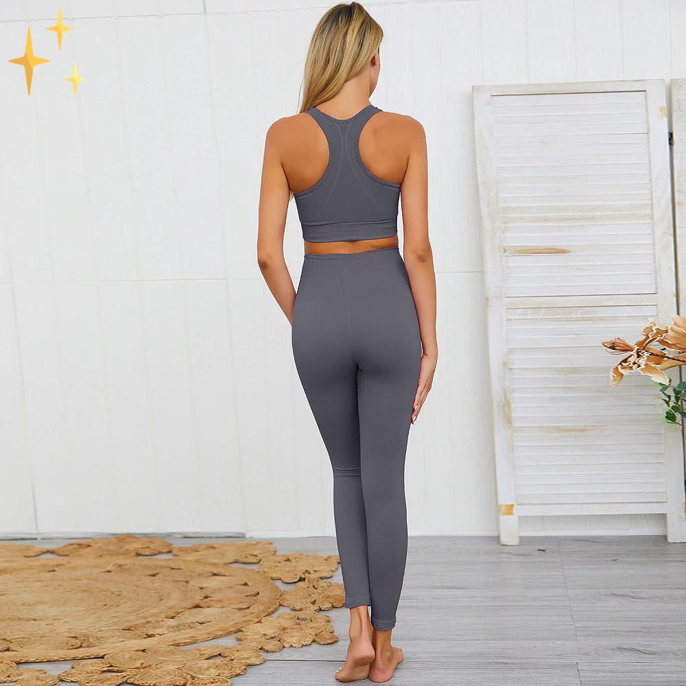 GR | Bunter Stylischer zwei-teiliges Sport-Set Nahtlose Leggings und Sport-BH-Set