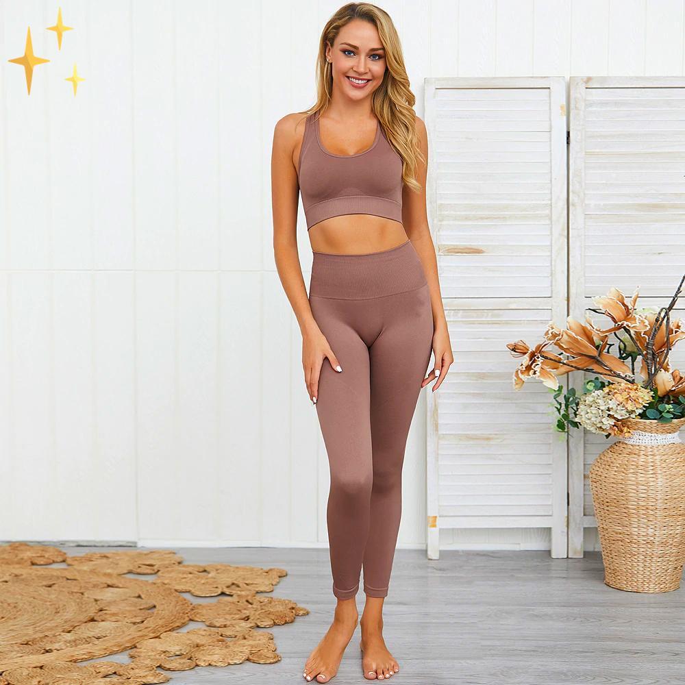 GR | Bunter Stylischer zwei-teiliges Sport-Set Nahtlose Leggings und Sport-BH-Set