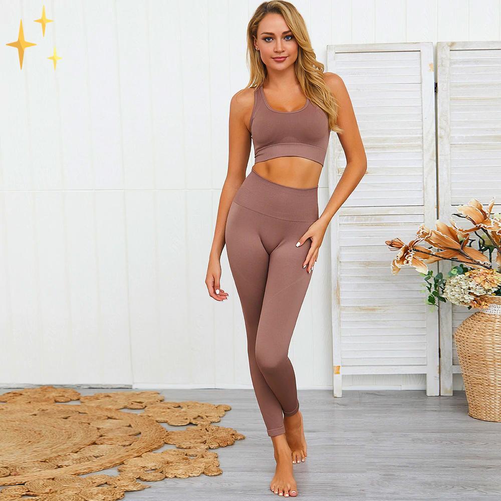 GR | Bunter Stylischer zwei-teiliges Sport-Set Nahtlose Leggings und Sport-BH-Set