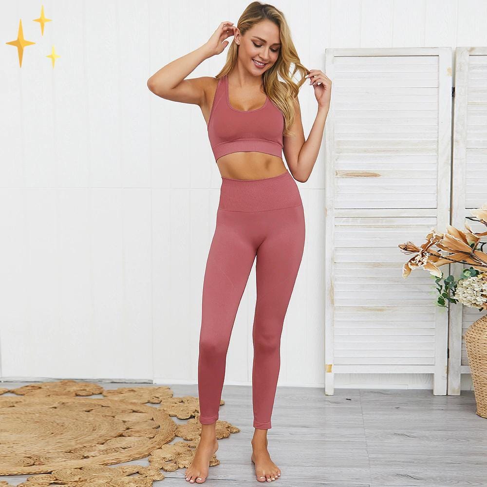 GR | Bunter Stylischer zwei-teiliges Sport-Set Nahtlose Leggings und Sport-BH-Set