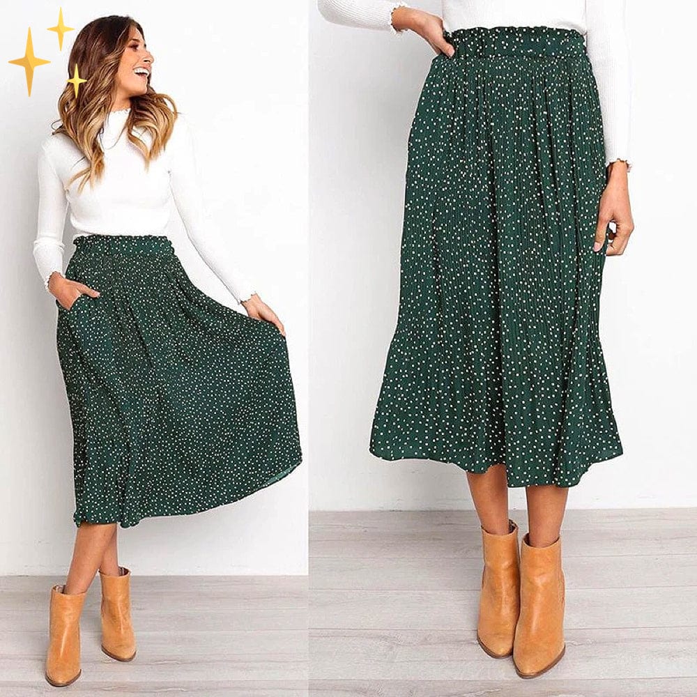 GR | Wide polka dot midi skirt with elasticated waistband, slanted pockets and pleats