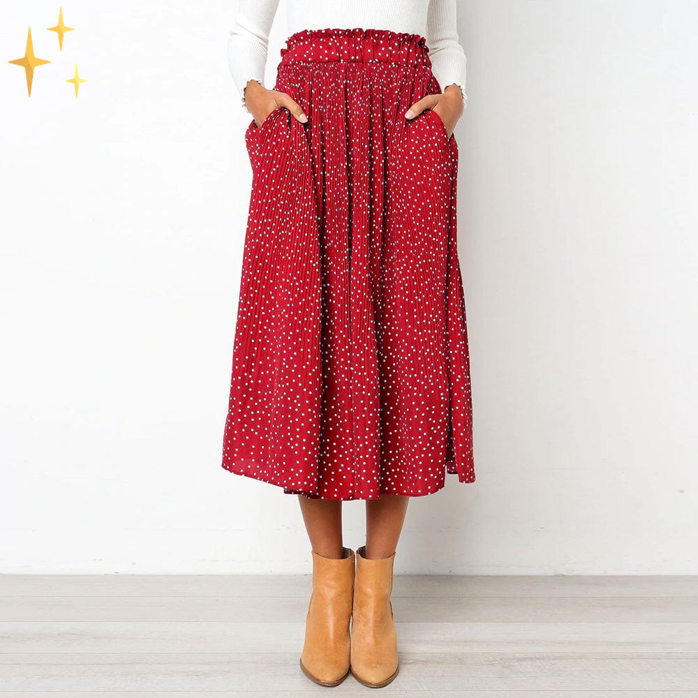 GR | Wide polka dot midi skirt with elasticated waistband, slanted pockets and pleats