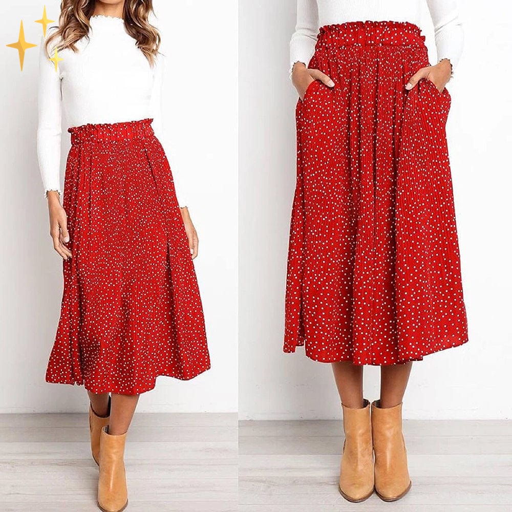 GR | Wide polka dot midi skirt with elasticated waistband, slanted pockets and pleats