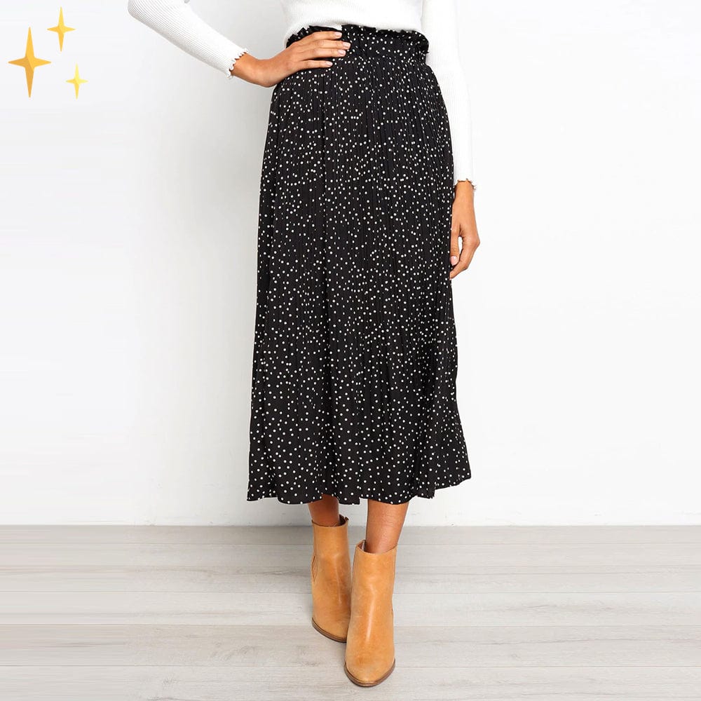 GR | Wide polka dot midi skirt with elasticated waistband, slanted pockets and pleats
