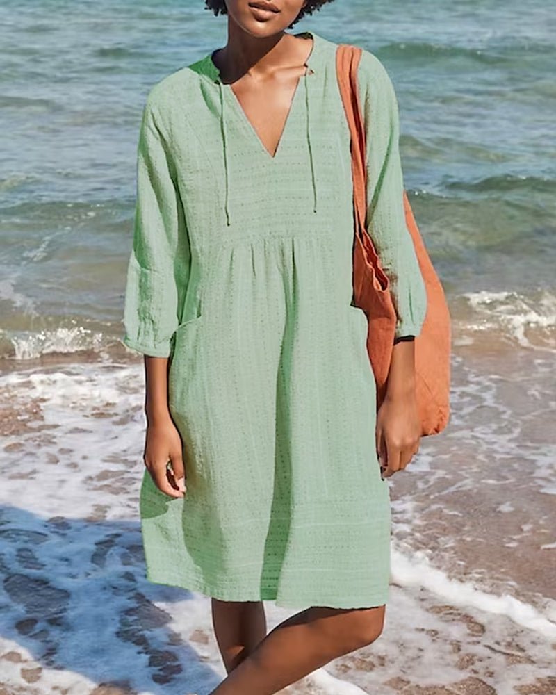 GR | Relaxed boho shirt dress with V-neck for women