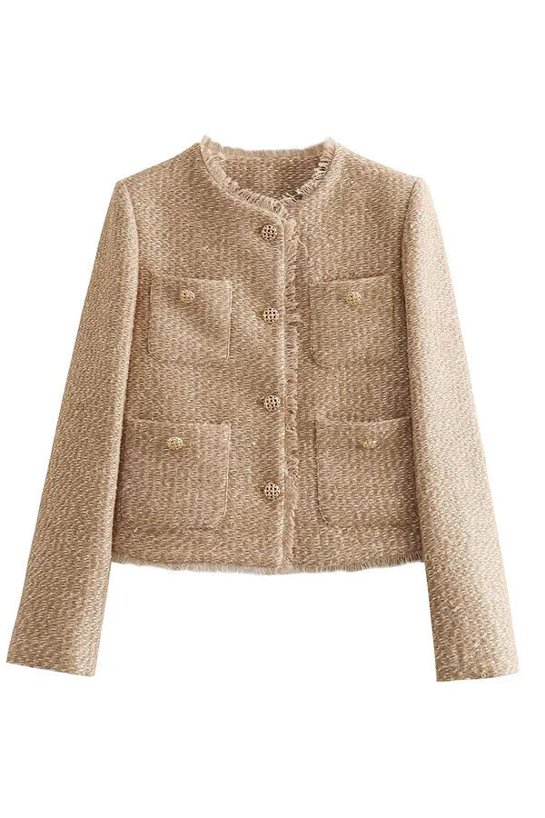 GR | Frayed jacket with round neck and buttons