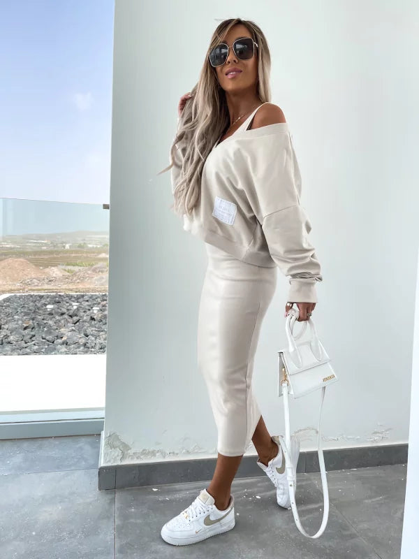 GR | Stylish off-shoulder crop top and midi skirt set