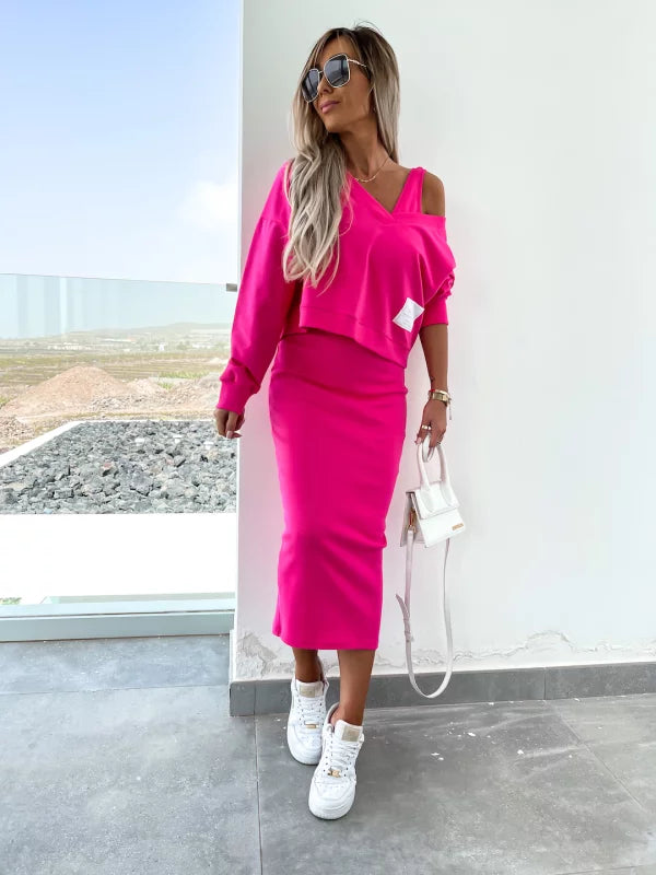 GR | Stylish off-shoulder crop top and midi skirt set