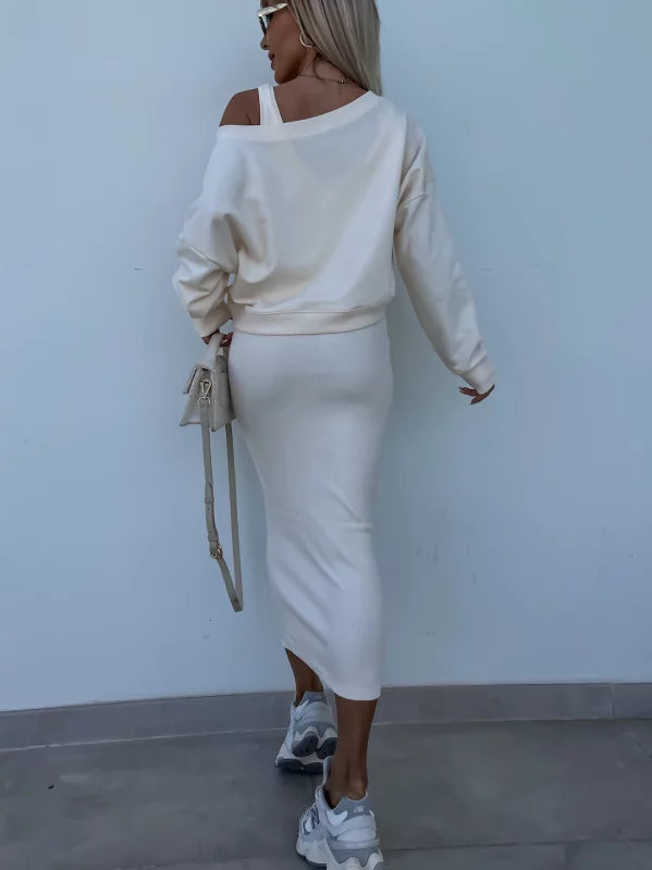 GR | Stylish off-shoulder crop top and midi skirt set