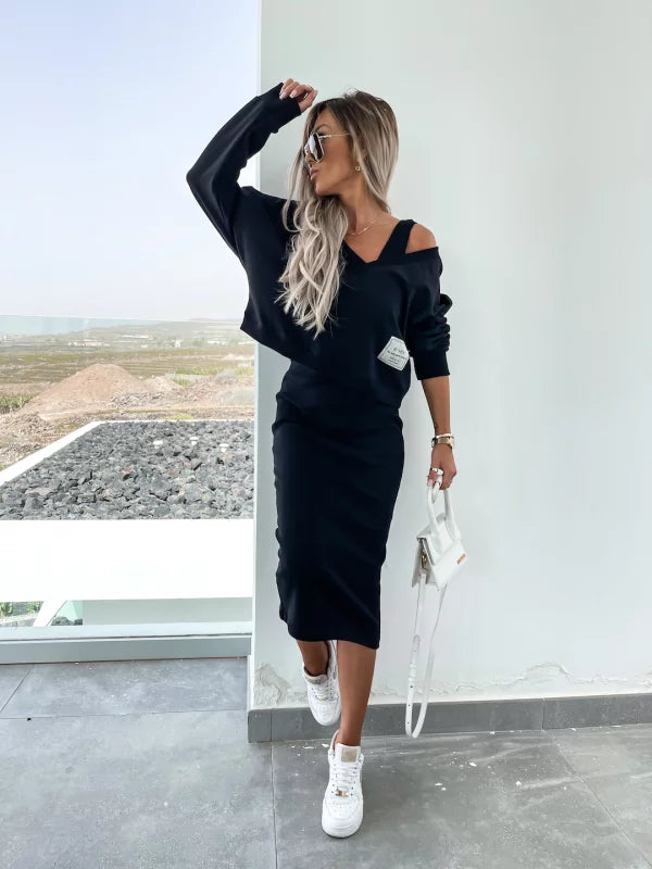 GR | Stylish off-shoulder crop top and midi skirt set