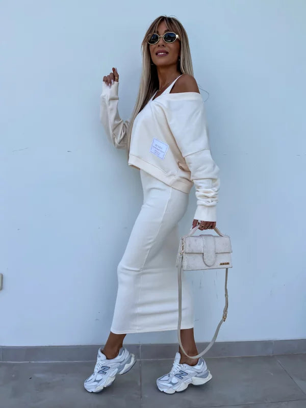 GR | Stylish off-shoulder crop top and midi skirt set