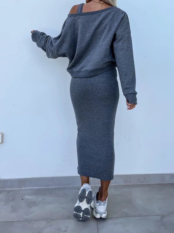 GR | Stylish off-shoulder crop top and midi skirt set