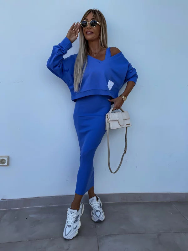 GR | Stylish off-shoulder crop top and midi skirt set