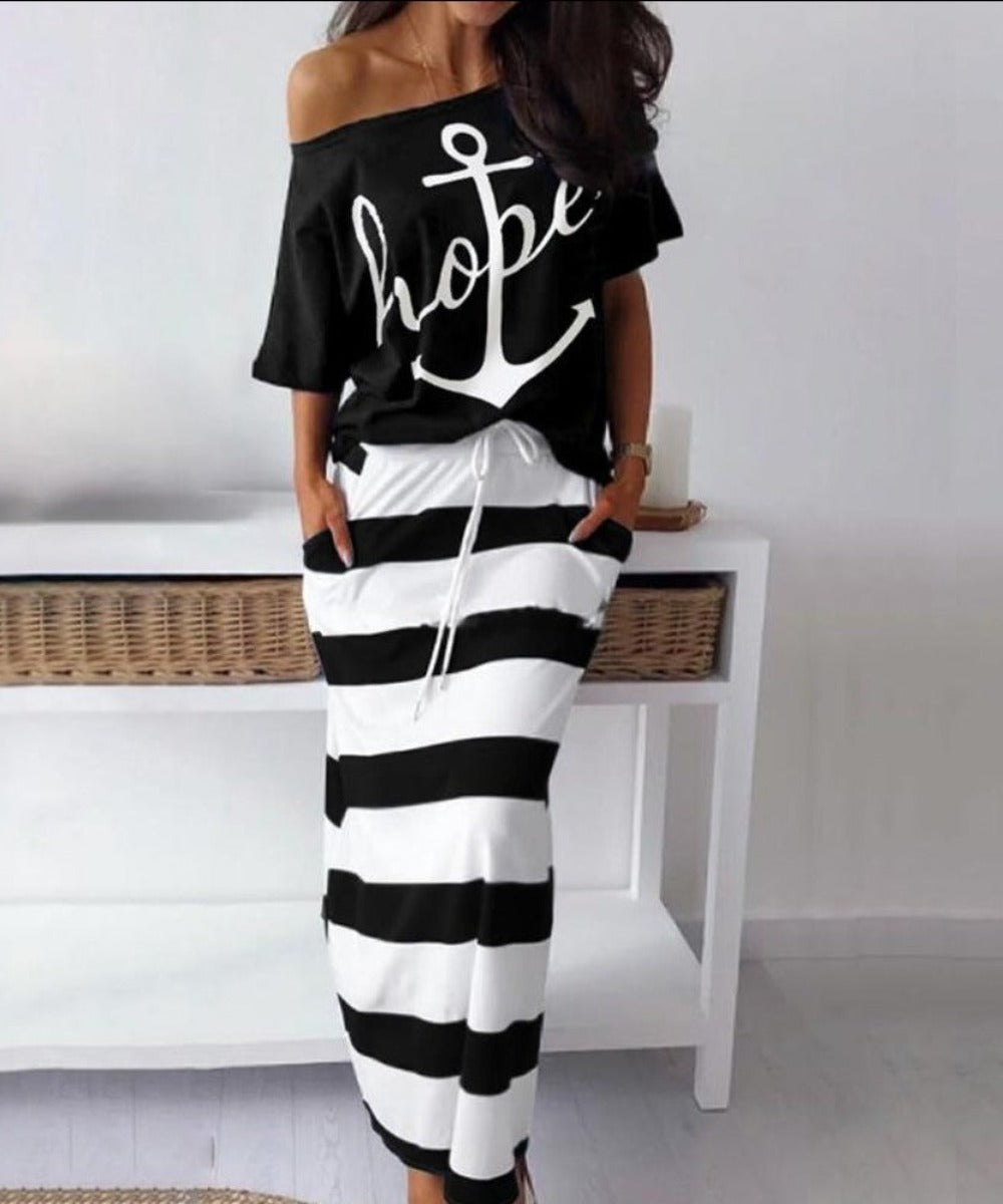 GR | Off-Shoulder Top and Skirt Dress Batwing Sleeves