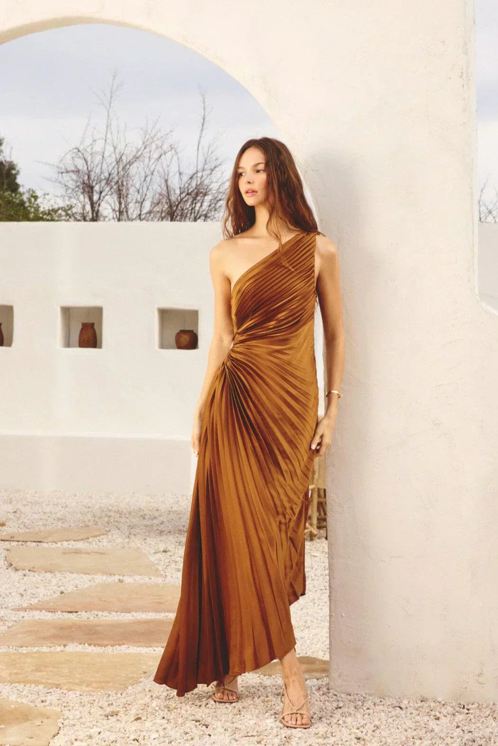 GR | One Shoulder Plissee Midi Kleid