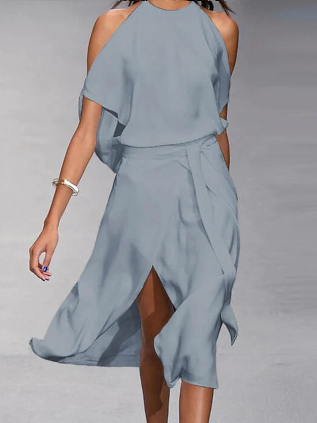 GR | Midi Kleid Off Shoulder Wickelstil Mit Frontschlitz Elegante Fließende Passform