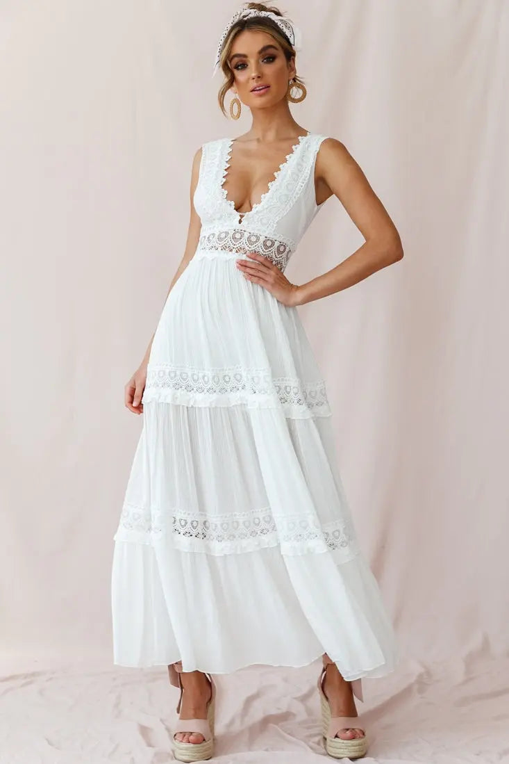 GR | White Boho Maxi Dress with Crochet Inserts & Deep V-Neck