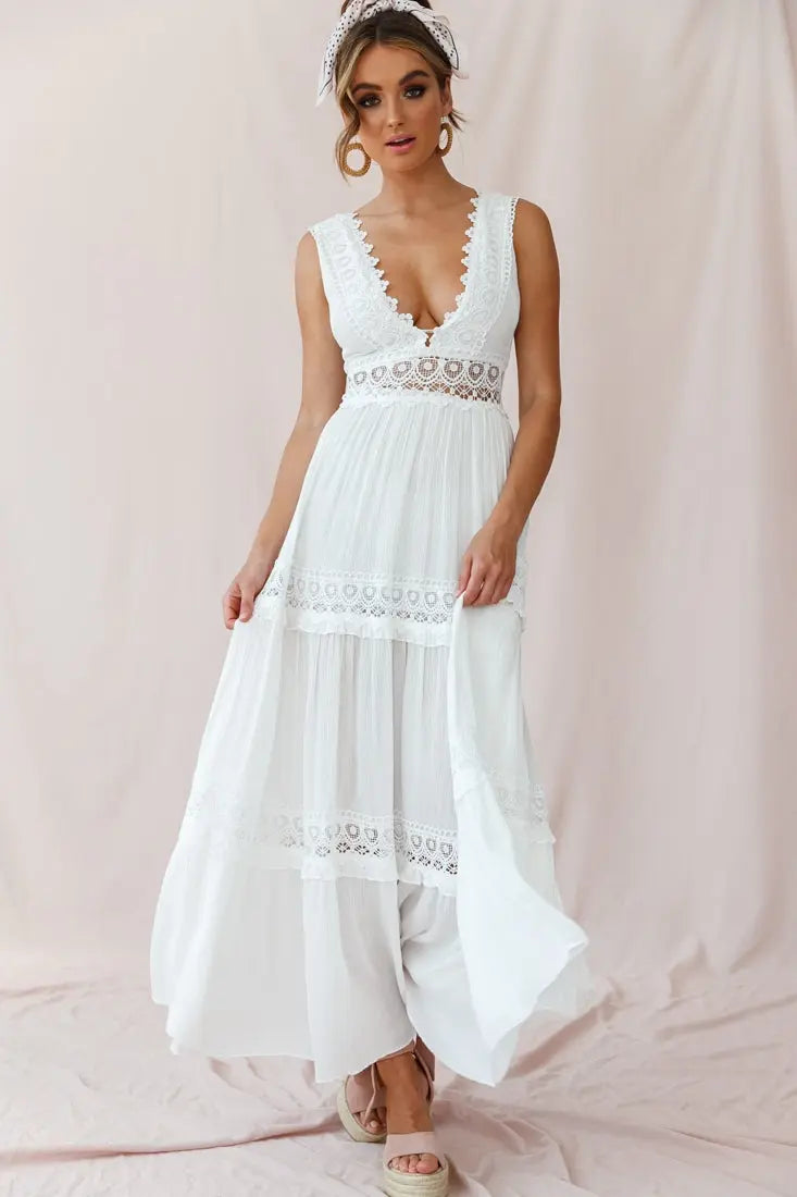 GR | White Boho Maxi Dress with Crochet Inserts & Deep V-Neck
