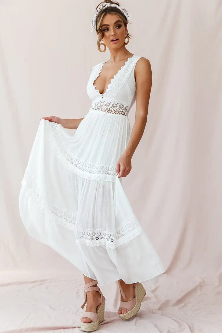GR | White Boho Maxi Dress with Crochet Inserts & Deep V-Neck