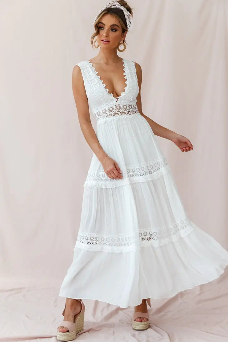 GR | White Boho Maxi Dress with Crochet Inserts & Deep V-Neck