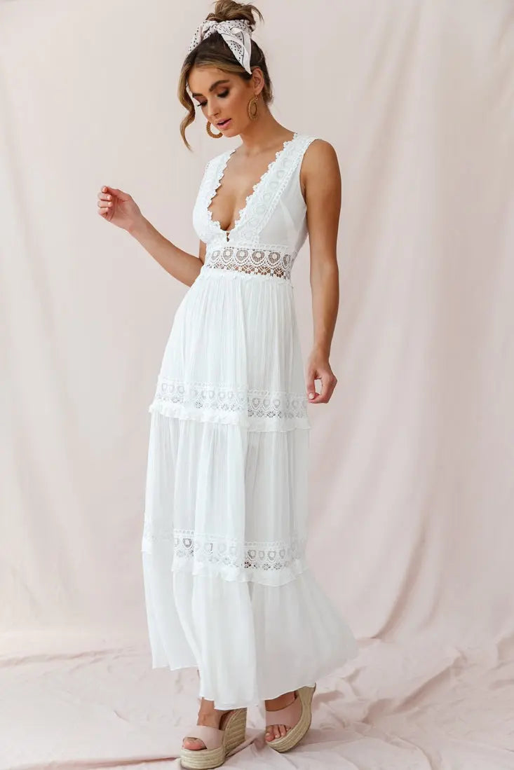 GR | White Boho Maxi Dress with Crochet Inserts & Deep V-Neck