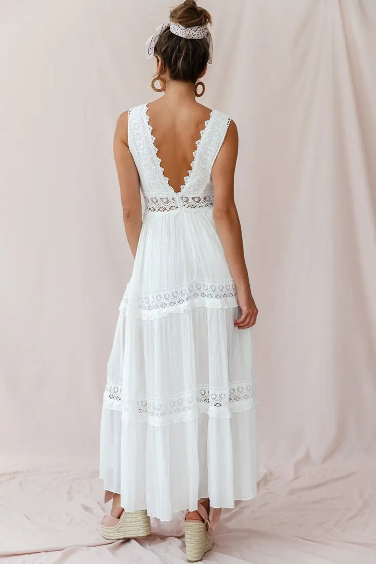 GR | White Boho Maxi Dress with Crochet Inserts & Deep V-Neck
