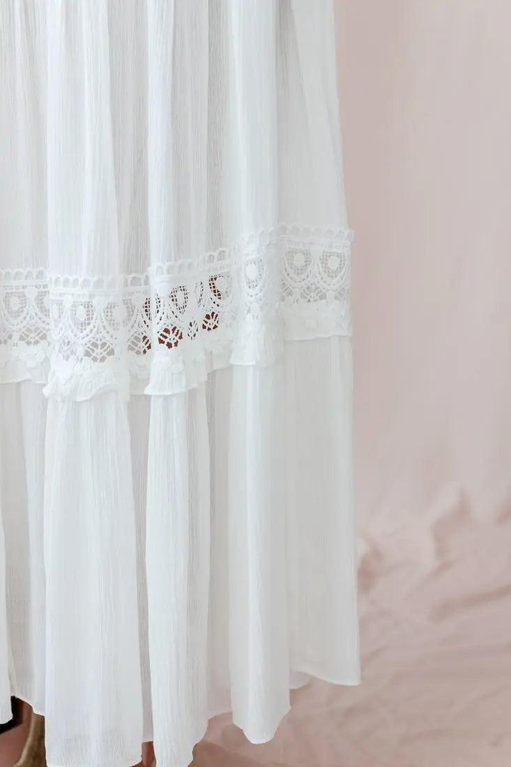 GR | White Boho Maxi Dress with Crochet Inserts & Deep V-Neck
