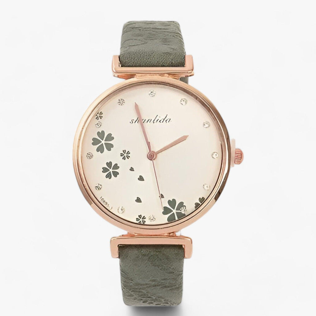 GR | Leather Strap Round Vintage Floral Watch For Women