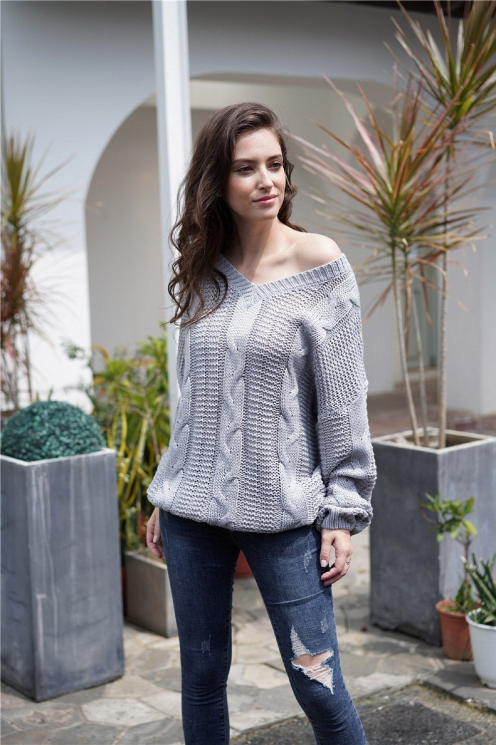 GR Simple cable knit loose sweatshirt