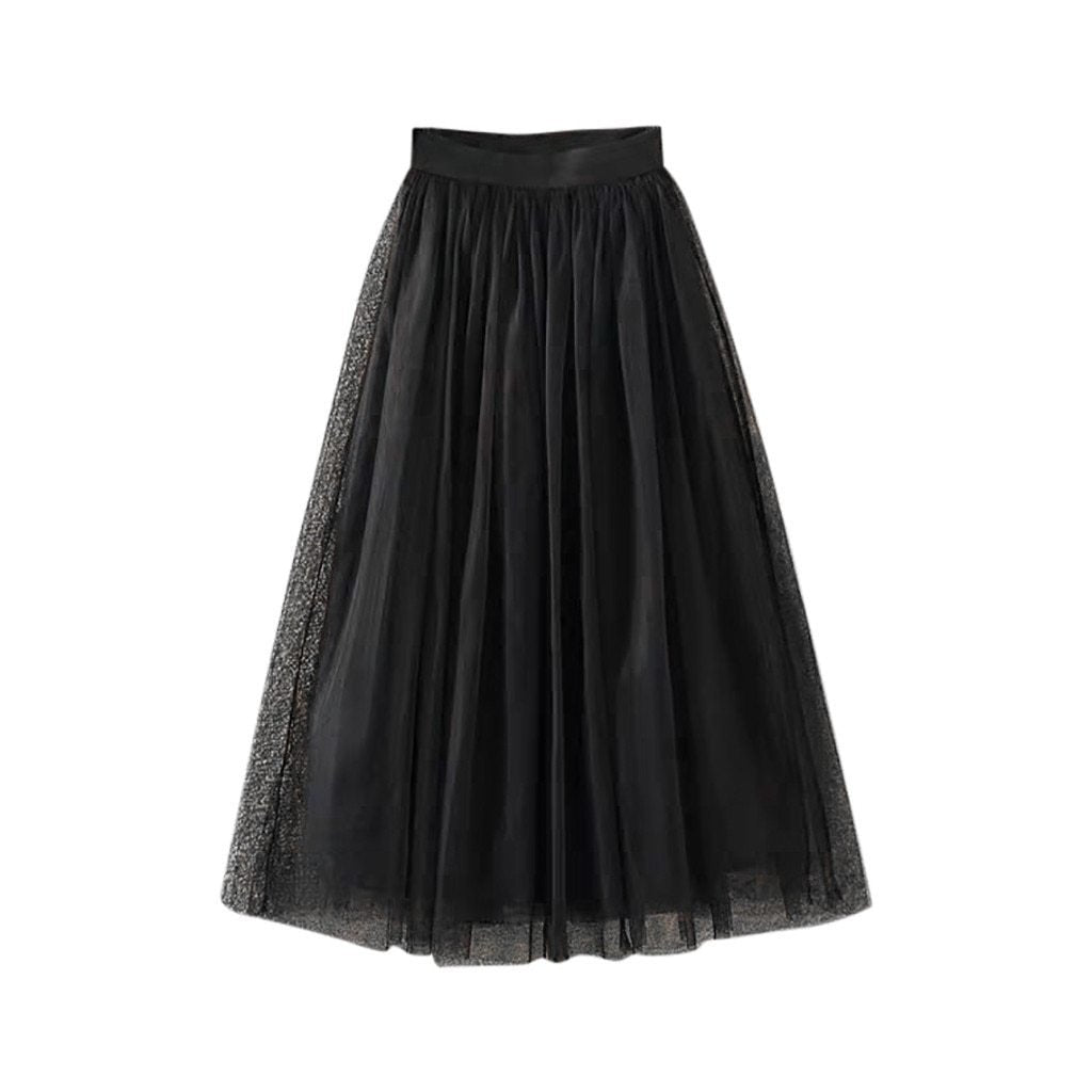 GR | Pleated Tulle Mesh Elastic High Waist A-Line Long Skirt
