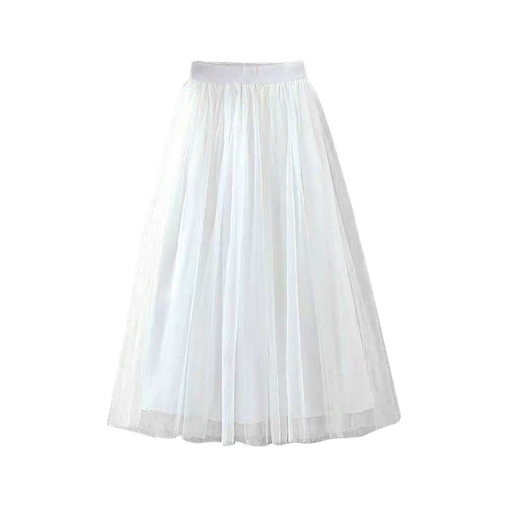 GR | Pleated Tulle Mesh Elastic High Waist A-Line Long Skirt