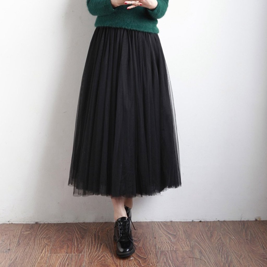 GR | Pleated Tulle Mesh Elastic High Waist A-Line Long Skirt
