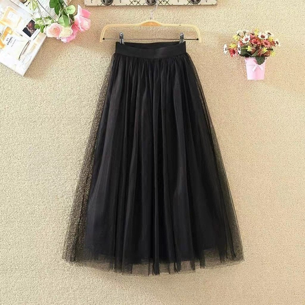 GR | Pleated Tulle Mesh Elastic High Waist A-Line Long Skirt