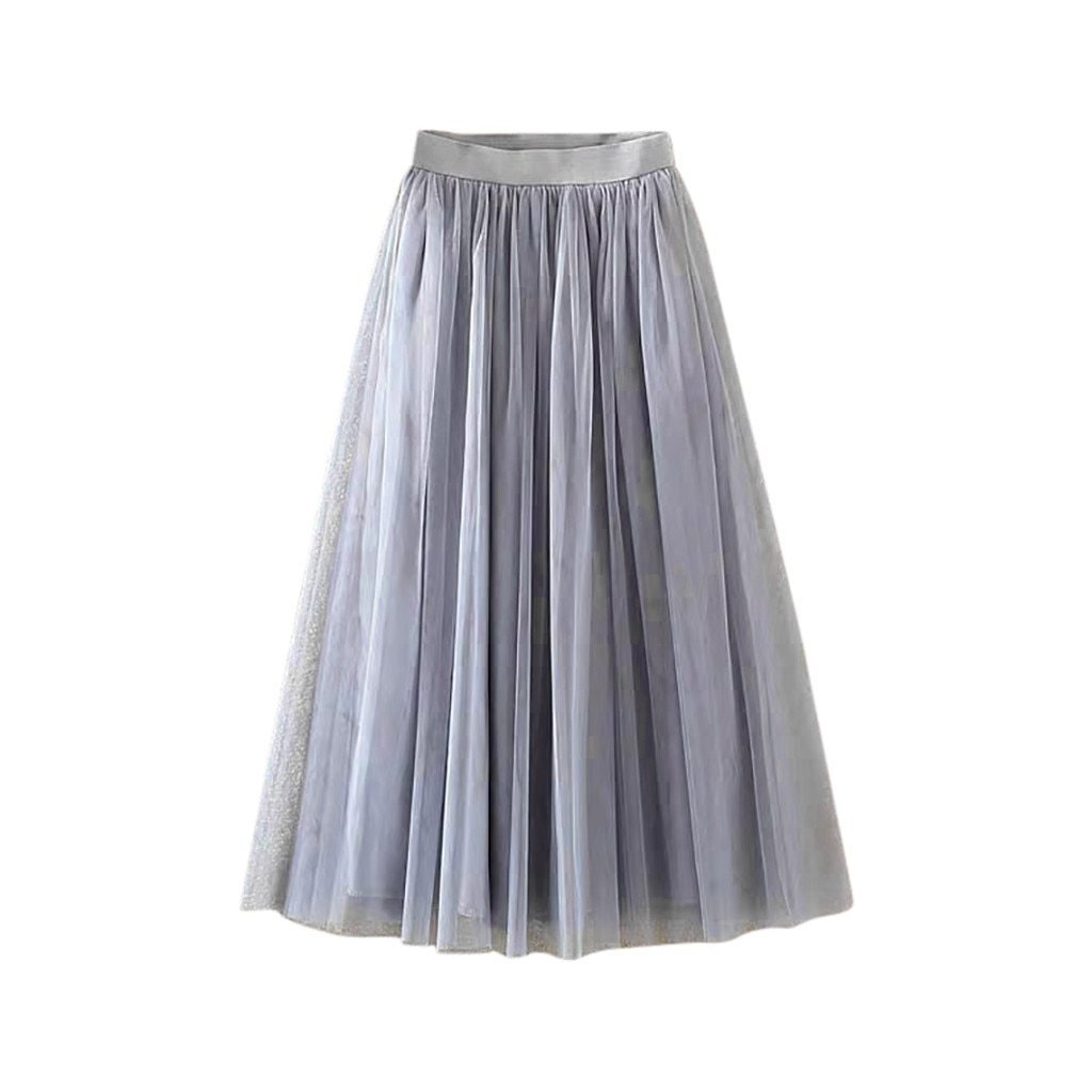GR | Pleated Tulle Mesh Elastic High Waist A-Line Long Skirt