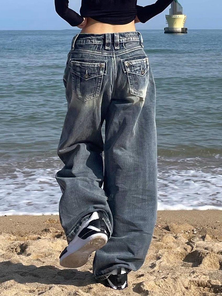 GR | Hop Gewaschene Distressed Hoher Taille Baggy Jeans