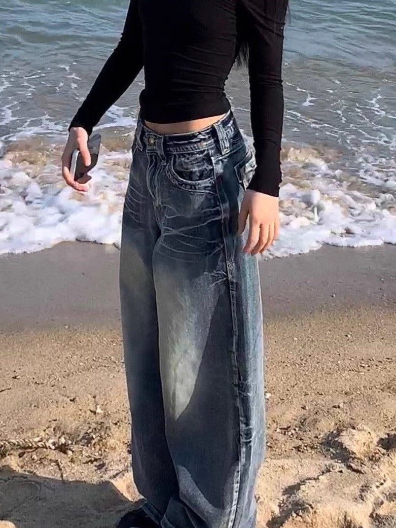 GR | Hop Gewaschene Distressed Hoher Taille Baggy Jeans
