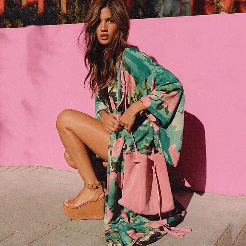 GR | Green floral print kimono cardigan