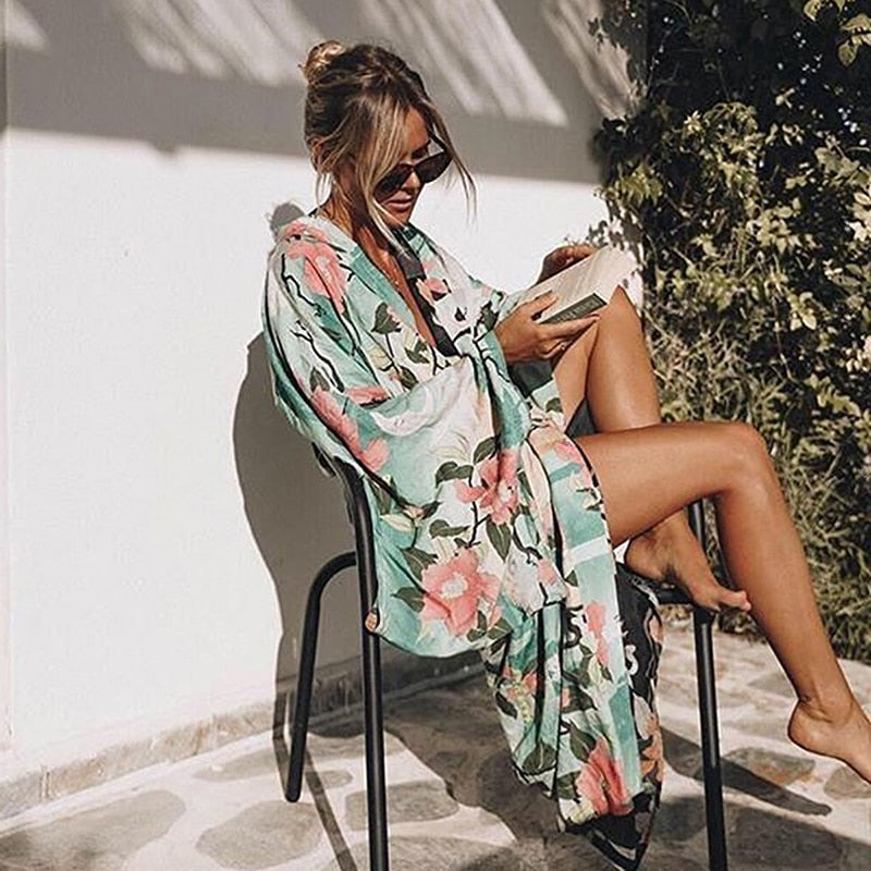 GR | Green floral print kimono cardigan