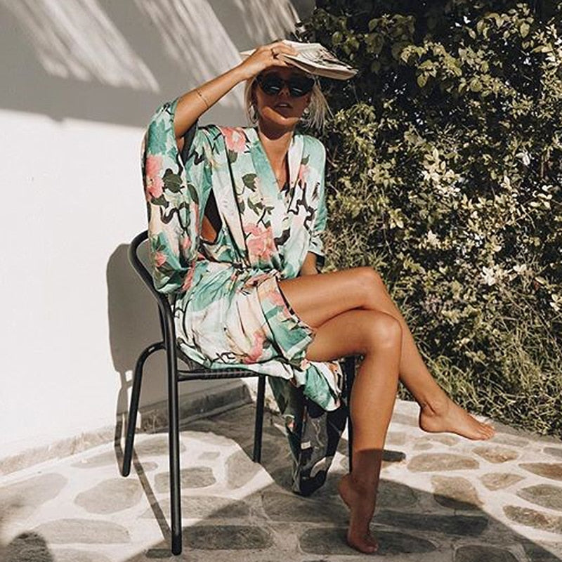 GR | Green floral print kimono cardigan