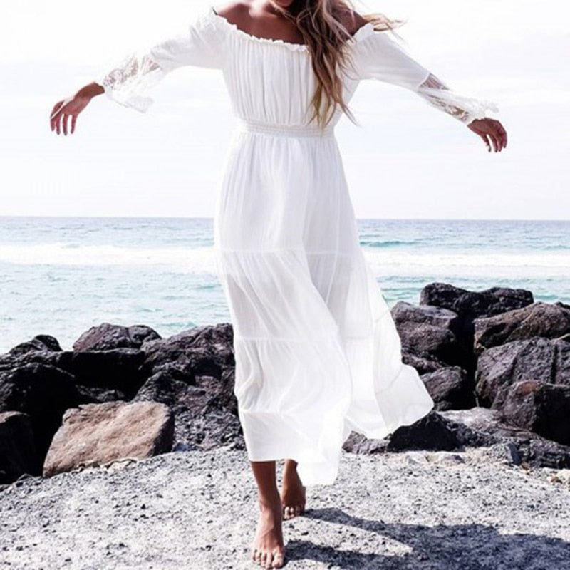 GR | Schulterfreies Weißes Spitzen Sommerkleid
