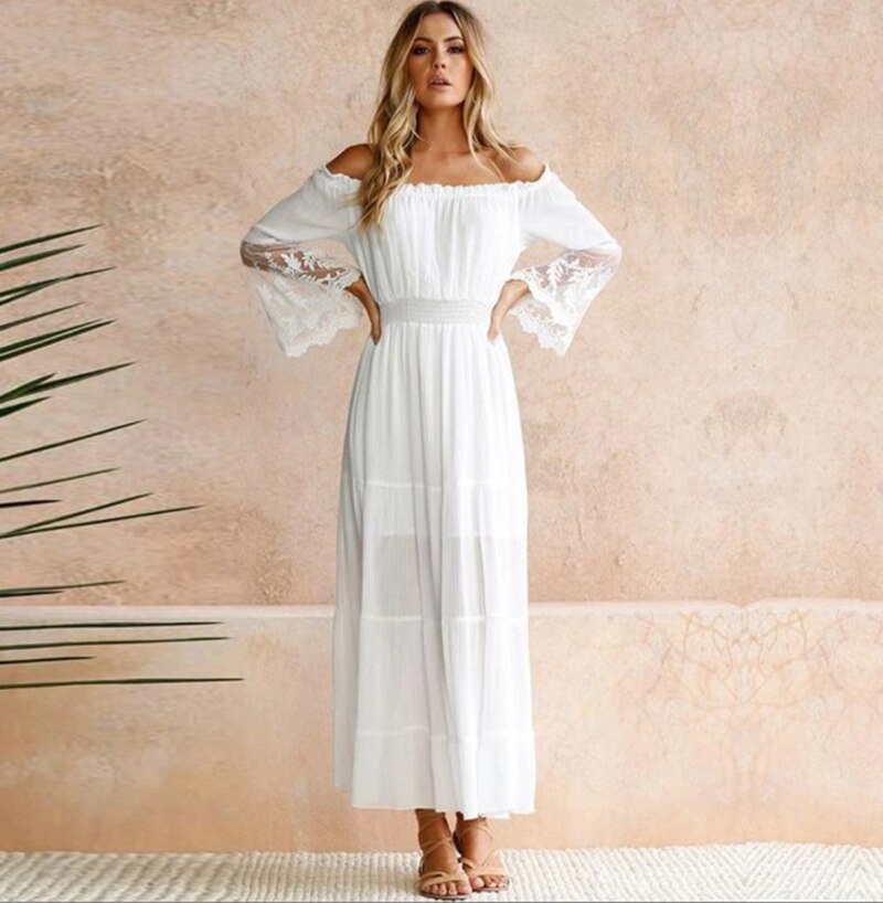 GR | Schulterfreies Weißes Spitzen Sommerkleid