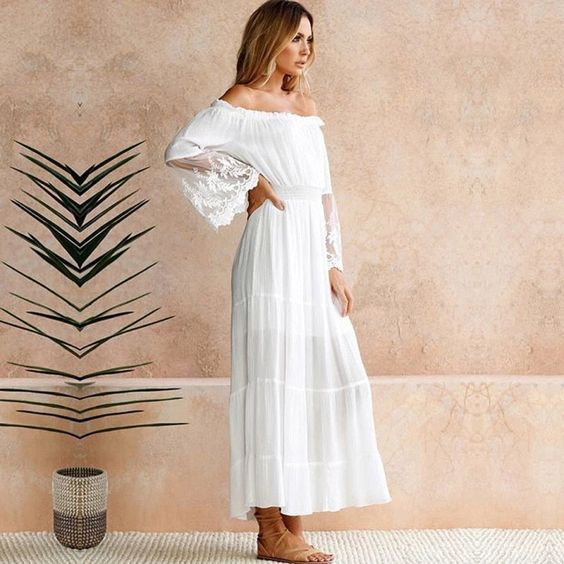 GR | Schulterfreies Weißes Spitzen Sommerkleid