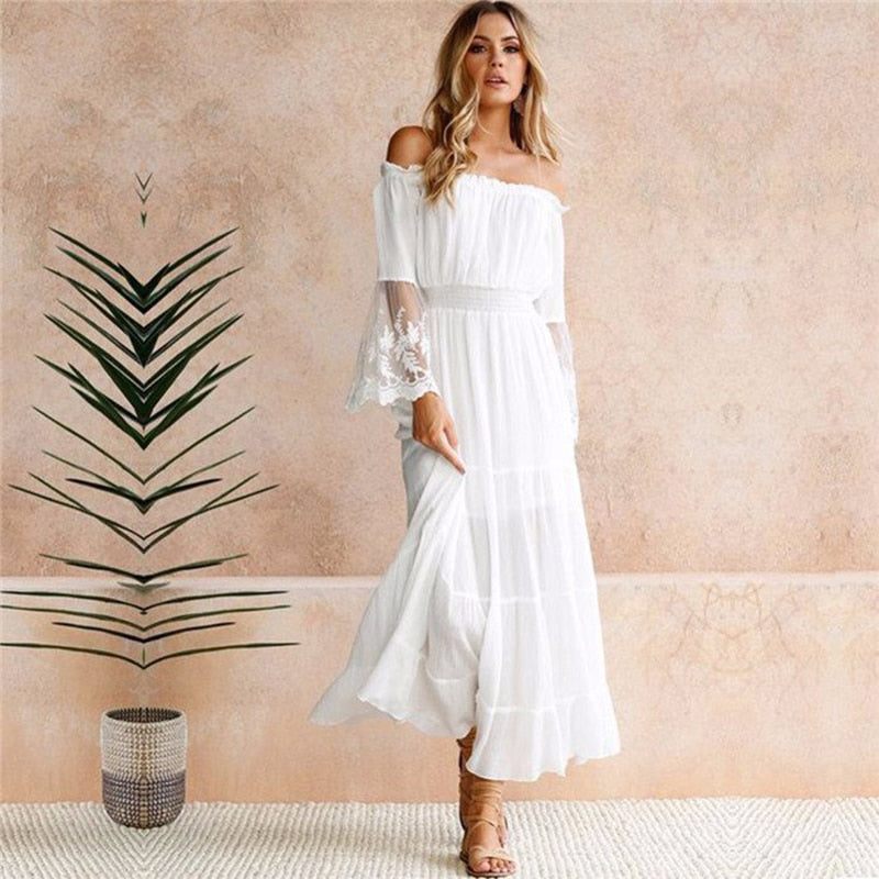 GR | Schulterfreies Weißes Spitzen Sommerkleid